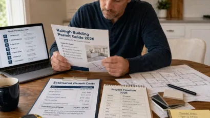 Raleigh homeowner reviewing the 2026 Raleigh Building Permit Guide on a kitchen table next to a laptop showing the Permit Process Overview