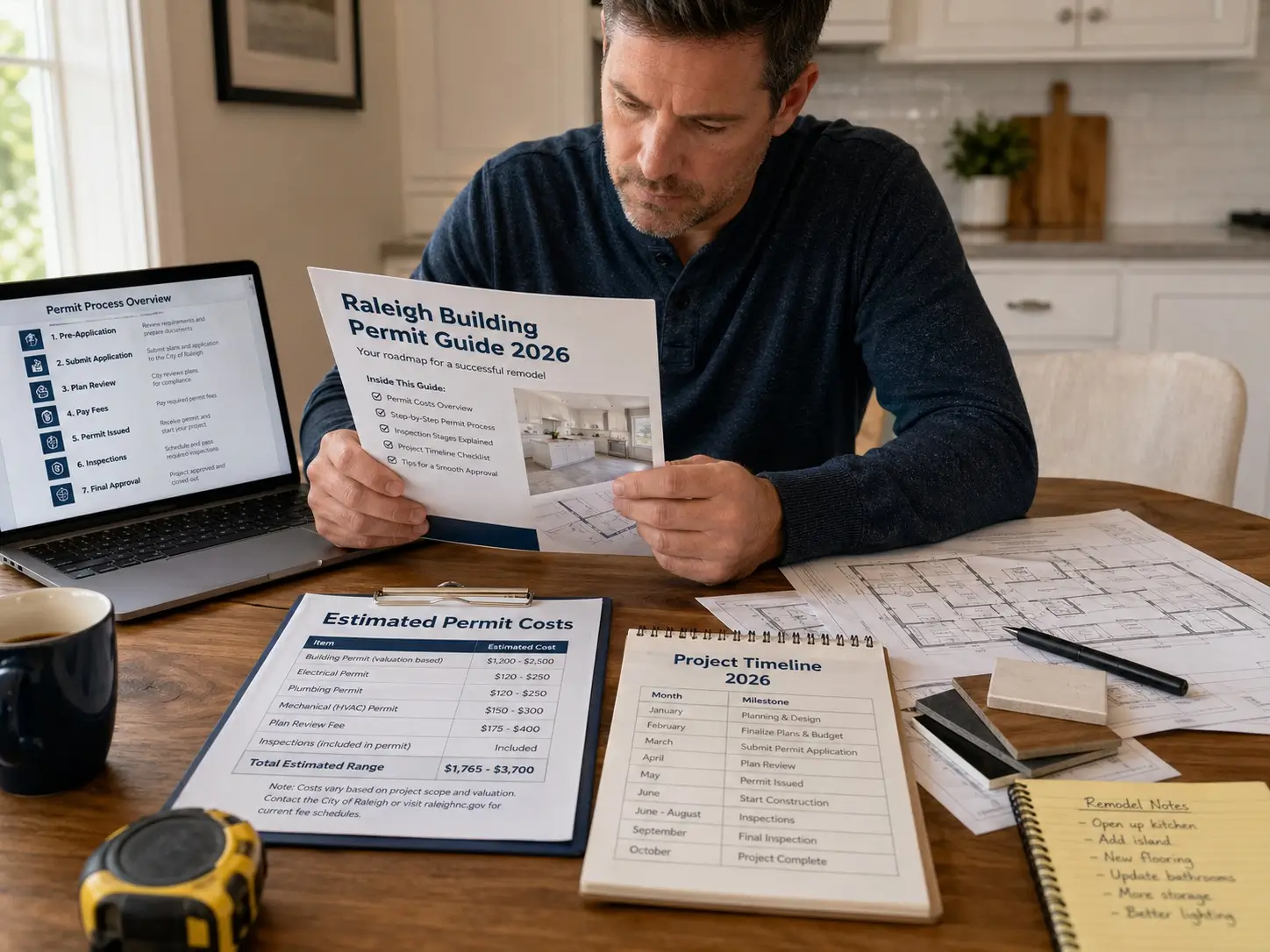 Raleigh homeowner reviewing the 2026 Raleigh Building Permit Guide on a kitchen table next to a laptop showing the Permit Process Overview