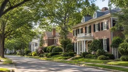 Tree-lined street of 1920s brick colonial homes in Hayes Barton, Raleigh, NC - typical Inside the Beltline architecture buyers encounter when shopping older Raleigh neighborhoods