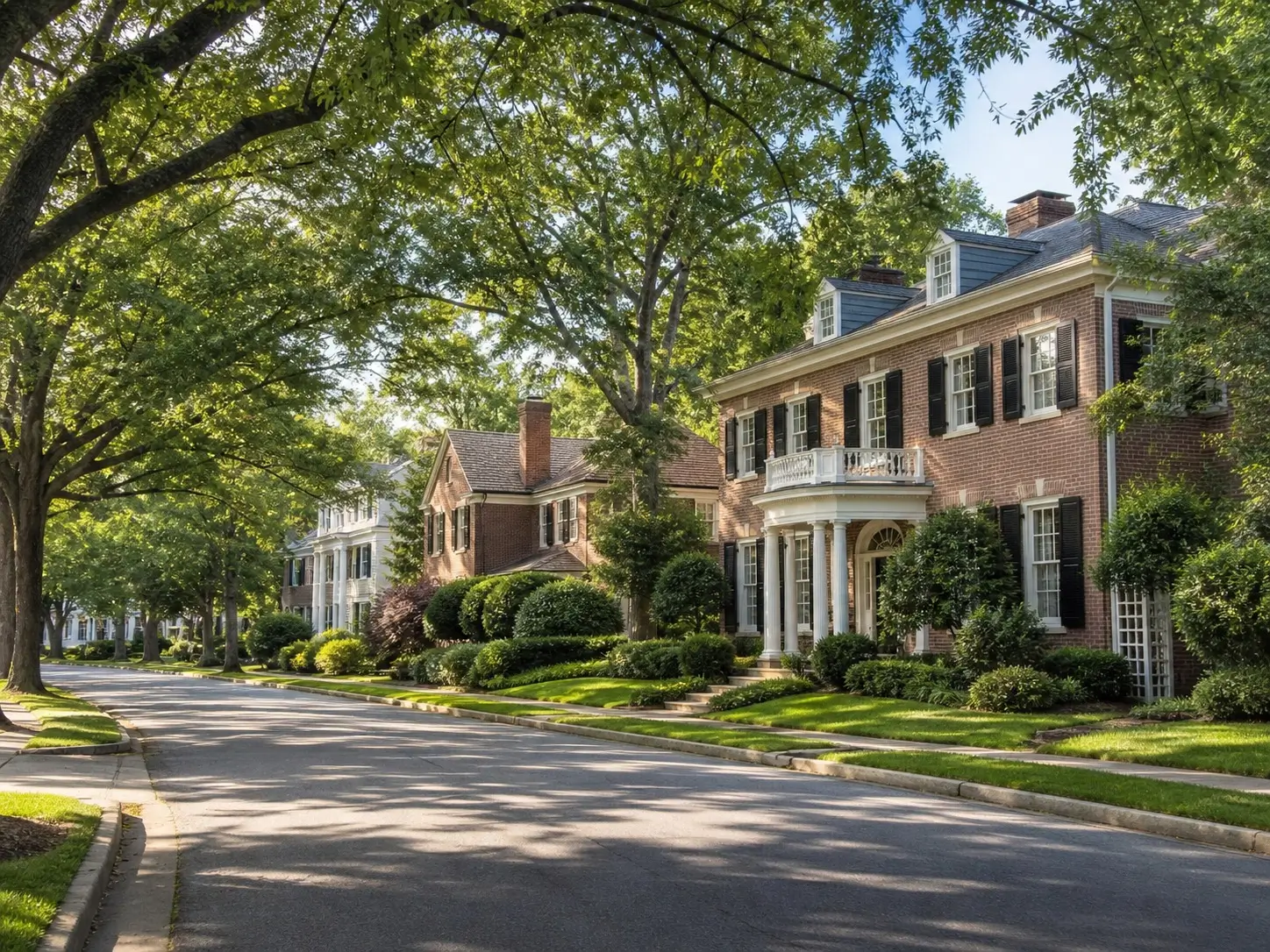 Tree-lined street of 1920s brick colonial homes in Hayes Barton, Raleigh, NC - typical Inside the Beltline architecture buyers encounter when shopping older Raleigh neighborhoods