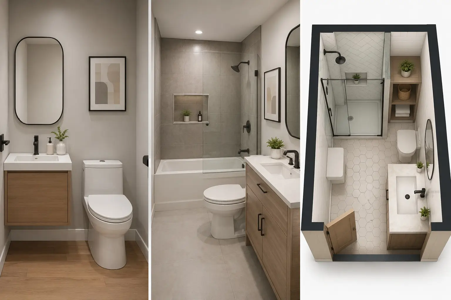 Three Raleigh bathroom addition examples: a half bath, a full bath with tub, and an overhead view of a compact three-quarter bath with hexagon tile floor.